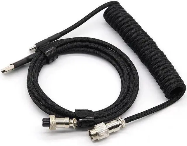 Main image of Customer Coiled Keyboard Cable for Gaming Mechanical Keyboard, Handwork Braided + PET Mesh, Metal Plug, with Detachable Metal Aviator Connector, 3 Meters USB C Aviator Cable (Black)