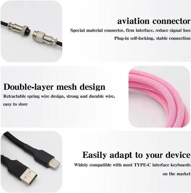 Alt view image 5 of 6 - Customer Coiled Keyboard Cable for Gaming Mechanical Keyboard, Handwork Braided + PET Mesh, Metal Plug, with Detachable Metal Aviator Connector, 3 Meters USB C Aviator Cable (Black)