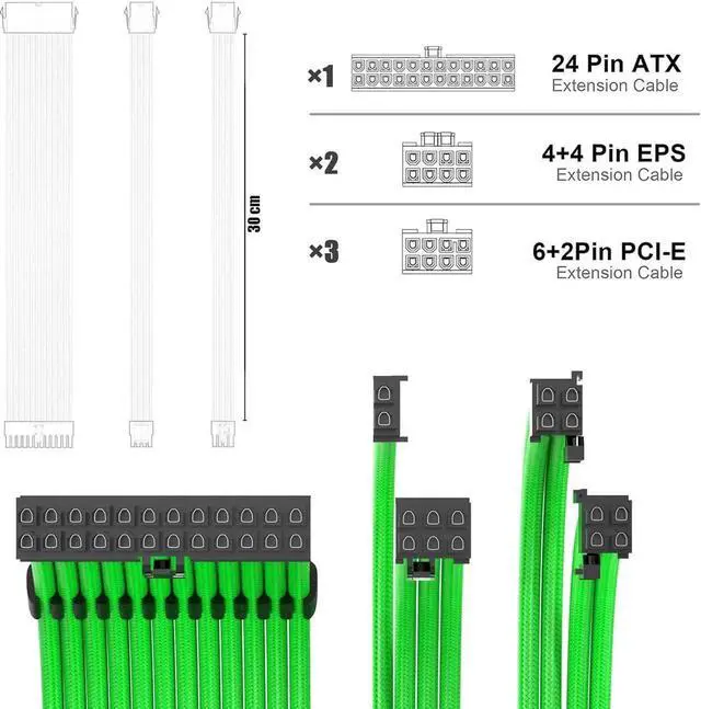 Alt view image 4 of 5 - PSU Cable Extension Kit 30CM Length with Combs,1x24Pin/2x8Pin(4+4) EPS/3x8Pin(6P+2P) PCI-E/PC Sleeved for ATX Power Supply,(Green)