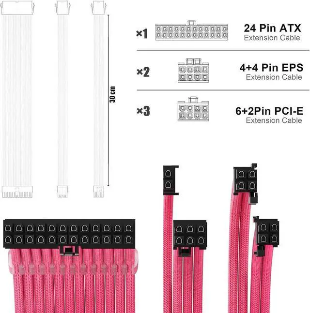 Alt view image 4 of 4 - PSU Cable Extension Kit 30CM Length with Combs,1x24Pin/2x8Pin(4+4) EPS/3x8Pin(6P+2P) PCI-E/PC Sleeved for ATX Power Supply,( Pink)