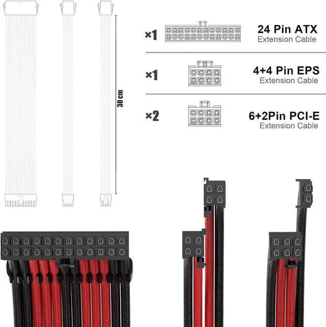 Alt view image 4 of 4 - PSU Cable Extension Kit 30CM Length with Cable Combs 1x24Pin/1x8Pin(4+4) EPS/2x8Pin(6P+2P) PCI-E/PC Sleeved Cable for ATX Power Supply(Black & Red)
