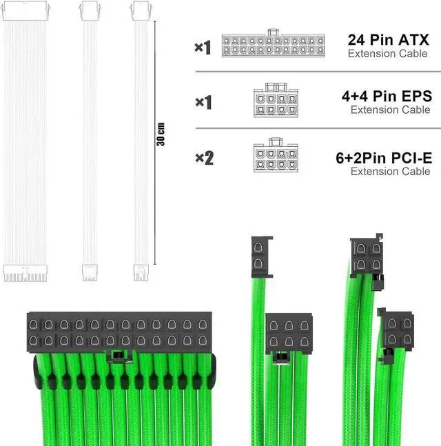 Alt view image 2 of 4 - PSU Cable Extension Kit 30CM Length with Cable Combs 1x24Pin/1x8Pin(4+4) EPS/2x8Pin(6P+2P) PCI-E/PC Sleeved Cable for ATX Power Supply(Green)