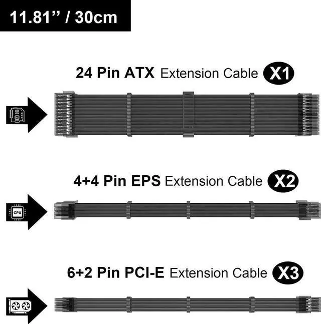 Alt view image 2 of 6 - PSU Extension Cable Kit Custom Sleeved Power Supply Cable Mod for PC Build 18AWG 24Pin ATX /8 (4+4) Pin EPS CPU Cable /8 (6+2) Pin PCI-E GPU PSU Cables 6PCS with Cable Comes Black