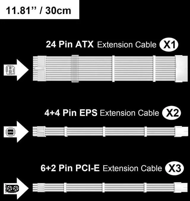 Alt view image 3 of 5 - White PSU Extension Cable Kit,Custom Sleeved Power Supply Cable Mod for PC Build 18AWG 24Pin ATX /8 (4+4) Pin EPS CPU Cable /8 (6+2) Pin PCI-E GPU PSU Cables 6PCS with Cable Comes