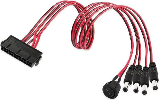 Main image of ATX Power 24 Pin to 4 DC5521 and Power Switch Cable, 24P Female to 12V DC 5.5mm x 2.1mm Male Adapter with ON/Off, Inserted into PC Power Supply 24P Male, Leading to DC Power Supply (0.5m)