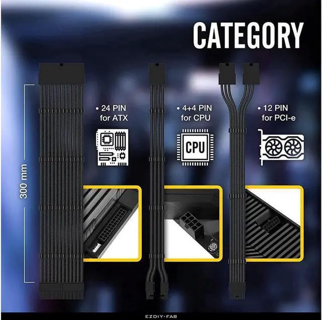 Alt view image 5 of 7 - PSU Cable Extension Kit,16AWG and 18AWG Sleeved Cable Custom Mod for Nvidia 30' Series FE GPU Build, PC Power Supply PET Braided Extension Cable Kit with Comb- 300MM -Black