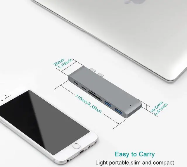 Alt view image 3 of 7 - USB C Hub Adapter for MacBook Air 2018, MacBook Pro 2018/2017/2016, Dual Type C Hub with SD/TF Card Reader, 2 Type C 40Gbps Thunderbolt 3 Port and 2 USB 3.0 Ports (Gray)