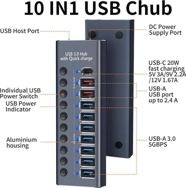 Alt view image 2 of 7 - Powered USB Hub 3.0 Aluminum, 10-Port USB Splitter Hub with Smart Charging Ports, Individual On/Off Switches and 12V/5A Power Adapter USB Extension for MacBook, Mac Pro/Mini and More