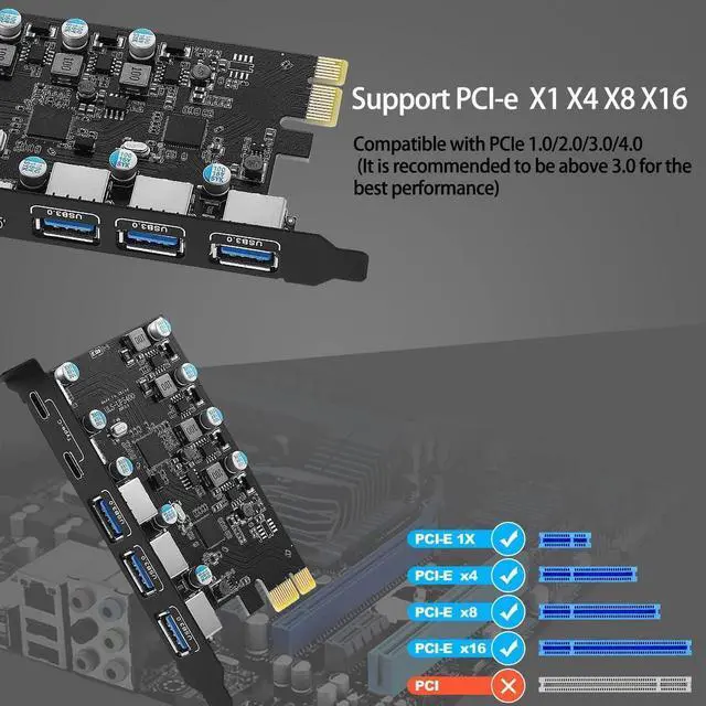 Alt view image 7 of 7 - 5-Ports PCI-E to USB 3.0 Expansion Card, 5Gbps High Speed USB3.0 PCI-EX1 X4 X8 X16 Adapter, Internal USB3.0 Hub Converter for Desktop PC, (2X USB C - 3X USB A)
