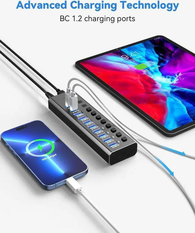 Alt view image 2 of 7 - Powered USB Hub, 10-Port Hybrid USB 3.2/ USB C Hub with 48W Power Adapter, Aluminum USB Splitter Including 10Gbps USB-A 3.2 Ports, 2 USB-C 3.0 Ports and 7 USB 3.0 Ports for PC, Laptop and More