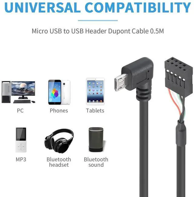 Alt view image 3 of 6 - Micro USB to Motherboard Header Cable 1.65FT/50CM, Left Angled 90 Degree Micro USB Male to 9 Pin Motherboard Female Dupont Extended Cable (2-Pack)