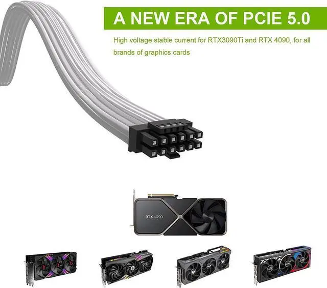 Alt view image 2 of 6 - 16Pin GPU Cable,Pcie 5.0 12VHPWR Sleeved Modular Cables,Male to Male PSU Cable,Mini 12+4 pin Adapter 600W ATX 3.0 Power Supply for RTX 3090TI and 4090 Graphic Card with Comb (White)