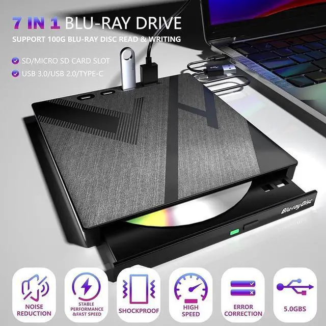 Alt view image 5 of 7 - Aomoproing  External Blu-ray Drive,[7 in 1] USB 3.0 Type-C Optical External Bluray/DVD Drive Burner with SD/TF 2 USB A &USB C Ports, Support 100G Bluray Disc R/W for PC Compatible with Windows XP/7/8/