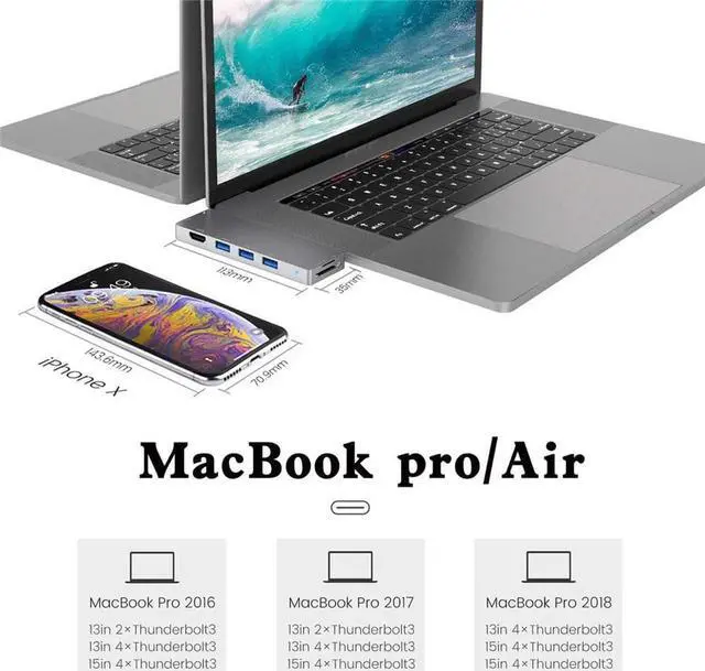 Alt view image 7 of 7 - Mac USB C Hub Adapter, USB Type C Multi-port Hub MacBook Pro 2019 2018-2016, MacBook Air 8-in-2 with Thunderbolt 3, USB-C 100W PD, 4K HDMI, microSD/SD Card Reader, 3xUSB3.0