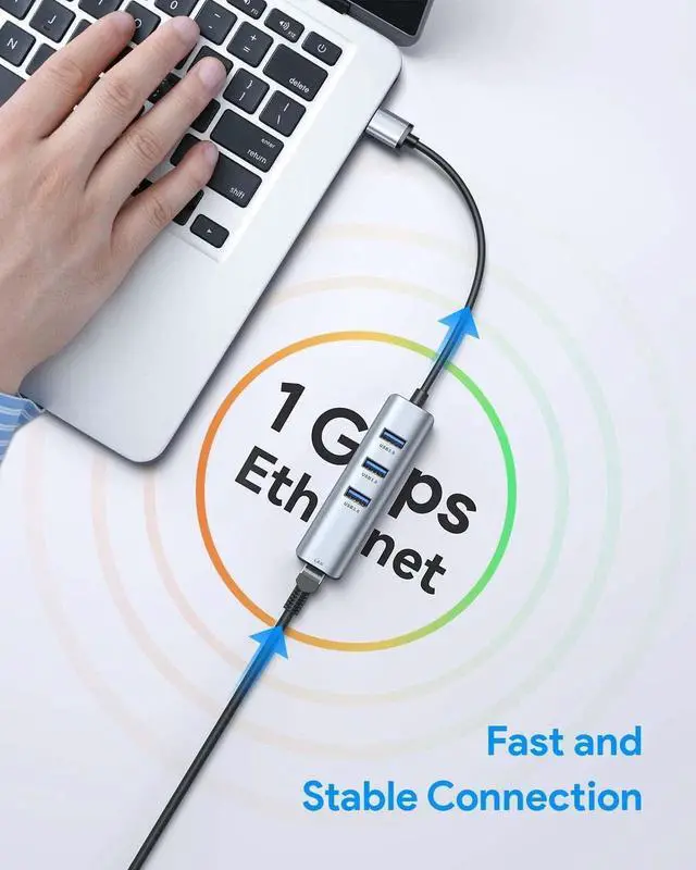 Alt view image 2 of 7 - USB to Ethernet Adapter, USB 3.0 to Ethernet, Aluminum 3 Port USB 3.0 Hub with RJ45 10/100/1000 Gigabit Ethernet Adapter Converter LAN Wired, USB Network Adapter for Laptop MacBook