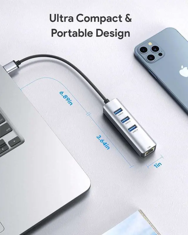 Alt view image 4 of 7 - USB to Ethernet Adapter, USB 3.0 to Ethernet, Aluminum 3 Port USB 3.0 Hub with RJ45 10/100/1000 Gigabit Ethernet Adapter Converter LAN Wired, USB Network Adapter for Laptop MacBook