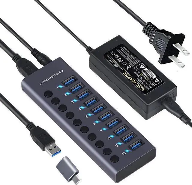 Main image of Powered USB Hub,10 Ports USB 3.0 Data Hub Aluminum, Individual On/Off Switches, 12V5A 60W Power Adapter, USB Hub 3.0 Splitter Extension for MacBook, Mac Pro/Mini, iMac, Laptop/PC