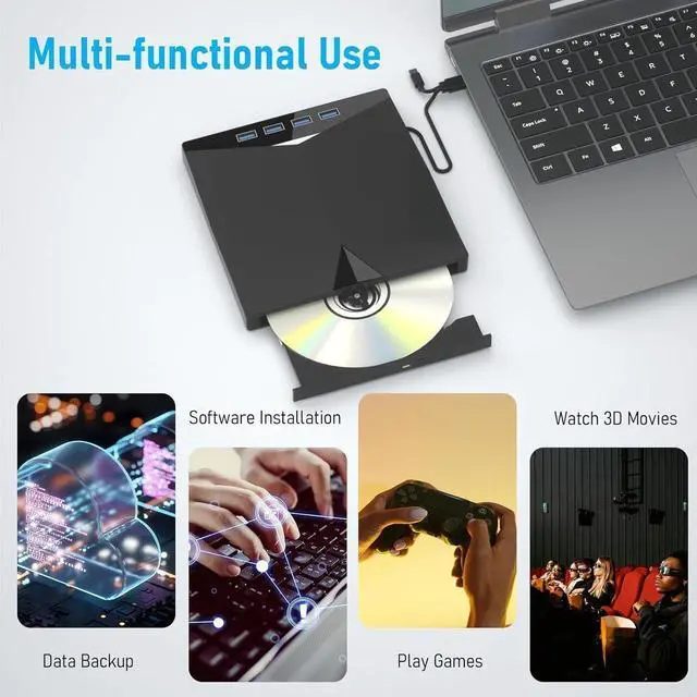 Alt view image 3 of 7 - Aomoproing   External CD/DVD Drive for Laptop, Portable 7 in 1 USB 3.0 CD ROM External Drive, CD Reader for PC with 4 USB Ports & TF/SD Card Slots, DVD Drive USB External for Windows 11/10/8/7/XP/Linu