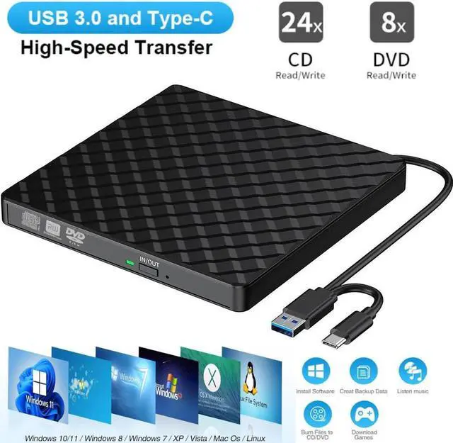 Main image of Aomoproing   Portable External CD/DVD Drive for Laptop, Type C & USB 3.0 CD DVD +/-RW Drive Burner DVD Player, External CD ROM Reader Writer Optical Drive Compatible with Laptop PC Mac Windows 11/10/8