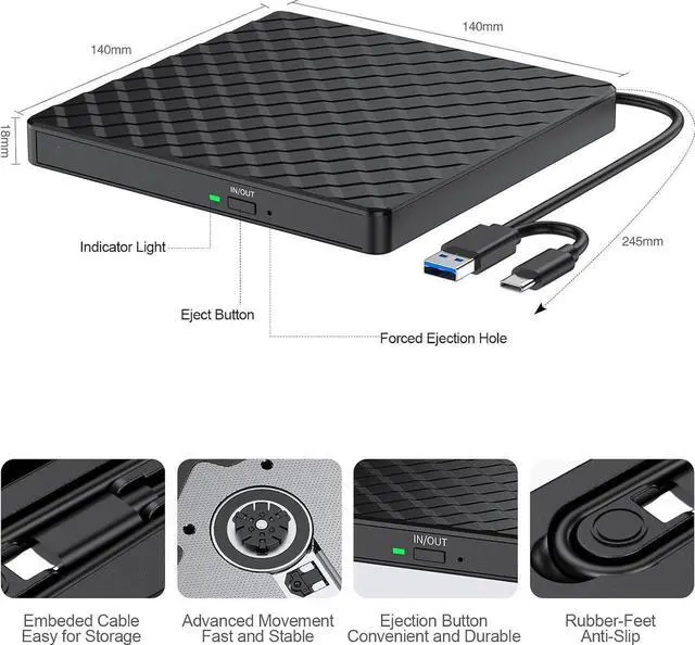 Alt view image 5 of 7 - Aomoproing   Portable External CD/DVD Drive for Laptop, Type C & USB 3.0 CD DVD +/-RW Drive Burner DVD Player, External CD ROM Reader Writer Optical Drive Compatible with Laptop PC Mac Windows 11/10/8
