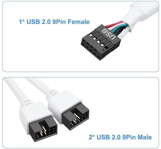 Alt view image 5 of 7 - 2 Pack Motherboard USB 2.0 9Pin Header Splitter 9 Pin USB 2.0 Female to Dual 9 Pin Male Extension Header Cable Nylon Braided for PC Computer Internal Motherboard (White)