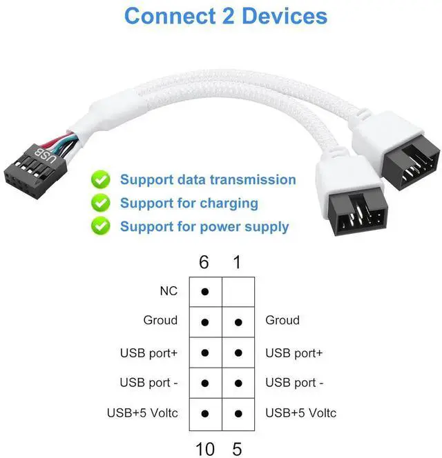 Alt view image 6 of 7 - 2 Pack Motherboard USB 2.0 9Pin Header Splitter 9 Pin USB 2.0 Female to Dual 9 Pin Male Extension Header Cable Nylon Braided for PC Computer Internal Motherboard (White)