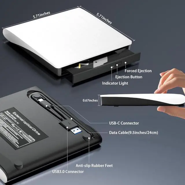 Alt view image 2 of 7 - Aomoproing  External CD/DVD Drive for Laptop PC, Portable CD DVD Player USB 3.0 & Type C Portable Optical Drive CD DVD ROM DVD Burner Compatible with Windows 10 11 Linux Mac OS (White)