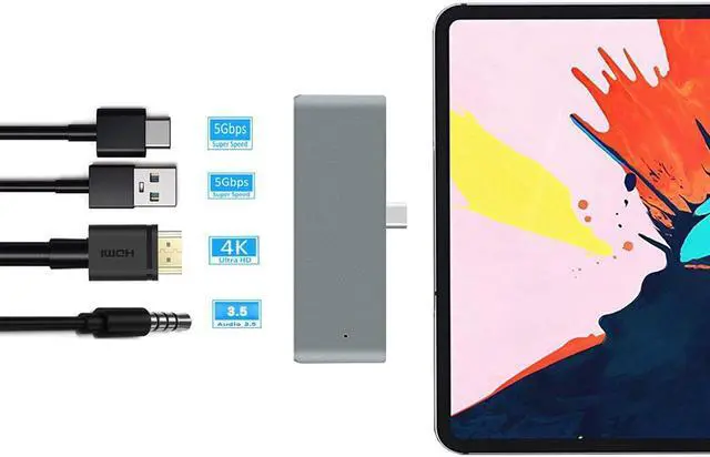 Alt view image 2 of 7 - Aluminum USB C Hub 4-in-1 Combo Hub Adapter - 1 USB 3.0 Port, 3.5mm Headphone Jack, PD Charging and 4k HDMI - Compatible with iPad Pro 11"/12.9" 2018 MacBook Air, 2018 iPad Air, Silver Grey