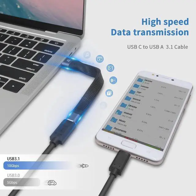 Alt view image 3 of 7 - USB-C to USB 3.0 Adapter 10Gbps, USB C Female to USB A Male Adapter Cable, USB C to USB A Adapter Charger Soft Flat Short USB C to A Cable Compatible with iPhone, Samsung Galaxy, MacBook