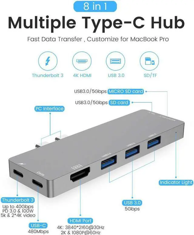 Alt view image 7 of 7 - USB C Hub for MacBook Pro 2018/2017/2016 MacBook Air 2018/2019, 8 in 2 Aluminum Type C Hub Adapter with 4K HDMI, 40Gbps Thunderbolt 3, 100W PD, 3 USB 3.0 and SD/Micro Card Readers