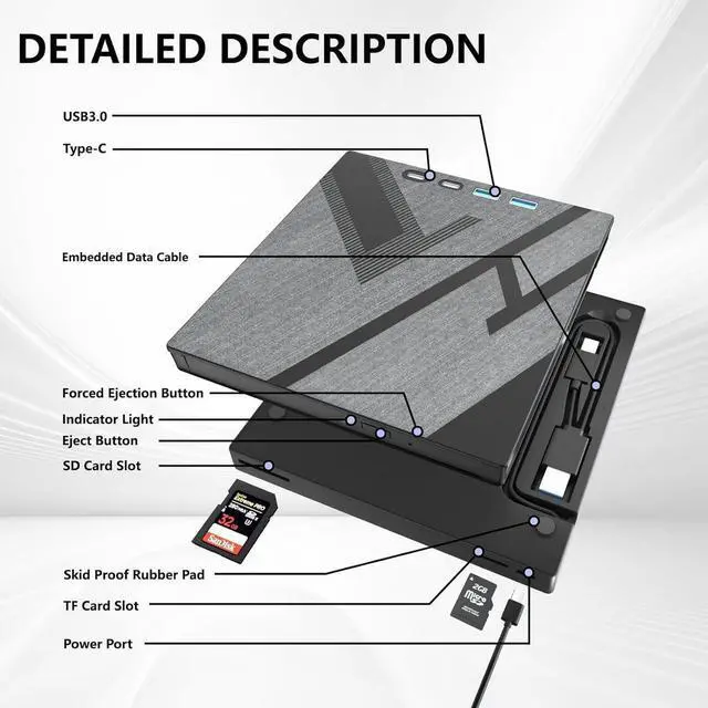 Alt view image 7 of 7 - Aomoproing  [7 in 1] External DVD Drive, External CD/DVD Drive for Laptop with USB A & USB C Ports and SD/TF Port, CD DVD Burner DVD Player USB 3.0/Type C, CD ROM External Drive for PC Laptop Windows