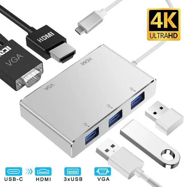 Main image of USB C Hub, Type C Adapter, 5-in-1 Dongle with 4K HDMI & 1080P VGA, 3 USB 3.0, Compatible for MacBook Air Pro, Chromebook and Other Type C Laptops
