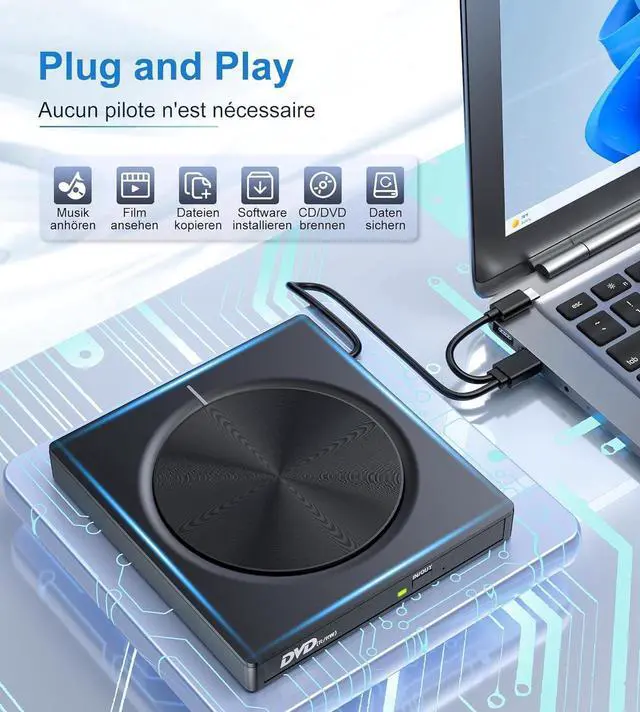 Alt view image 3 of 7 - Aomoproing External DVD CD Drive for PC, USB 3.0 and USB-C External CD DVD Burner with 2 USB Ports and SD/TF Slot, Optical Portable DVD CD -/+RW Drive, External CD/DVD Drive for Windows/MacOS/Laptop/D