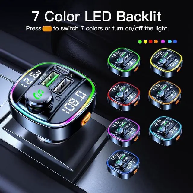 Alt view image 5 of 7 - AomoproingBluetooth 5.3 Car Adapter, Wireless Bluetooth FM Transmitter for Car, PD 20W & QC3.0 USB C Car Fast Charger Port, Radio Transmitter Bluetooth for Car, Hands Free Calling, 7 Colors Led Backli