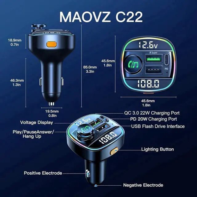 Alt view image 7 of 7 - AomoproingBluetooth 5.3 Car Adapter, Wireless Bluetooth FM Transmitter for Car, PD 20W & QC3.0 USB C Car Fast Charger Port, Radio Transmitter Bluetooth for Car, Hands Free Calling, 7 Colors Led Backli