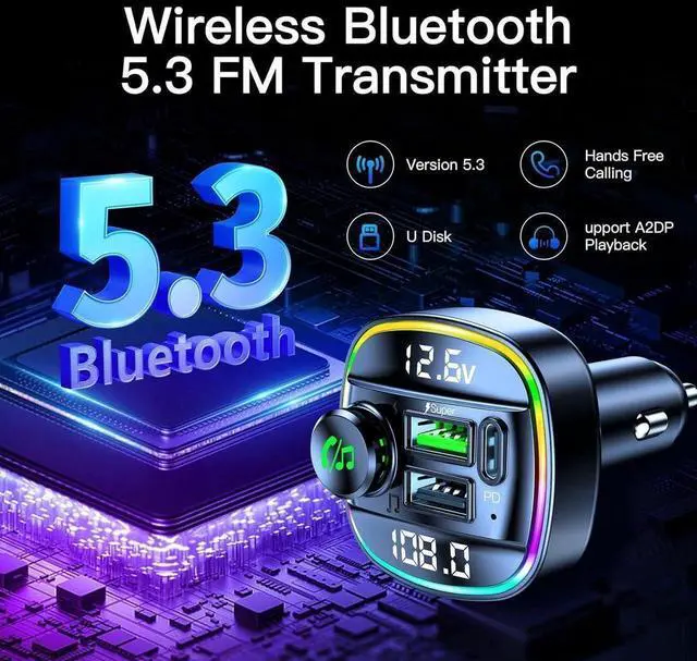 Alt view image 4 of 7 - AomoproingBluetooth 5.3 Car Adapter, Wireless Bluetooth FM Transmitter for Car, PD 20W & QC3.0 USB C Car Fast Charger Port, Radio Transmitter Bluetooth for Car, Hands Free Calling, 7 Colors Led Backli