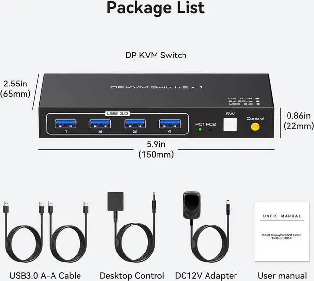Alt view image 2 of 7 - Displayport KVM Switch 2 PC 1 Monitor USB 3.0DP KVM Switcher 2 Port Two Computers to Share 4 USB Peripherals Support 8k 60hz 4k 120hz DP 1.4 Switches Includes Desktop Controller And Power Adapter