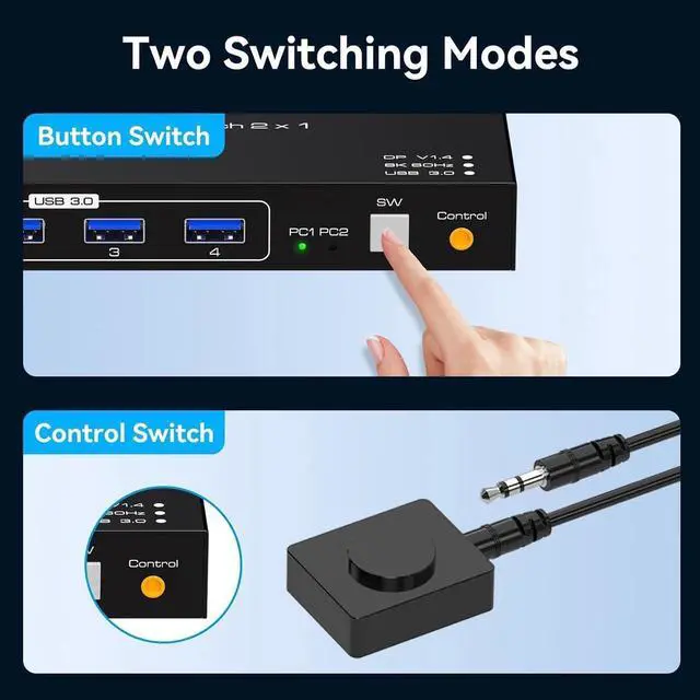 Alt view image 6 of 7 - Displayport KVM Switch 2 PC 1 Monitor USB 3.0DP KVM Switcher 2 Port Two Computers to Share 4 USB Peripherals Support 8k 60hz 4k 120hz DP 1.4 Switches Includes Desktop Controller And Power Adapter