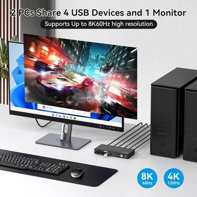 Alt view image 3 of 7 - Displayport KVM Switch 2 PC 1 Monitor USB 3.0DP KVM Switcher 2 Port Two Computers to Share 4 USB Peripherals Support 8k 60hz 4k 120hz DP 1.4 Switches Includes Desktop Controller And Power Adapter