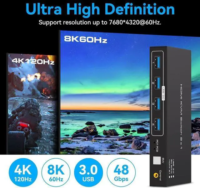 Alt view image 4 of 7 - 8K@60Hz USB 3.0 HDMI KVM Switch, 2 port 4K@120Hz HDMI KVM Switcher for 2 computers share 1 monitor and one set of Keyboard Mouse webcame and hard disk, wired controller and 12V/1A DC power included