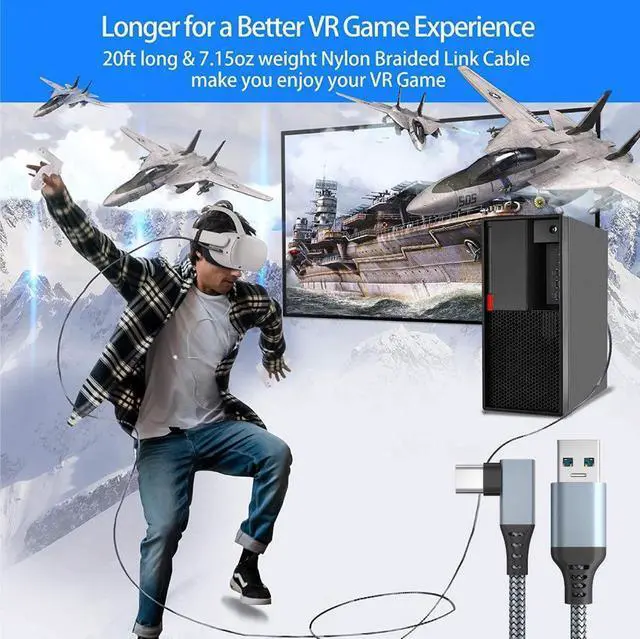 Alt view image 5 of 7 - VR Link Cable 20ft/6M Braided USB Type C to USB C Cord 90 Degree Angled USB 3.2 Gen1 Data Transfer & Fast Charging Cable for Oculus Quest /Quest 2/Rift S and More Devices with USB C Port