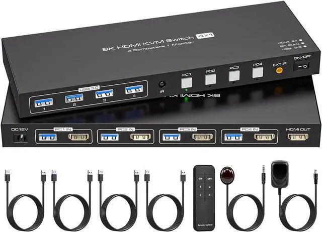 Main image of HDMI 2.1 KVM Switch 4 Computers 1 Monitor, 8K@60Hz 4K@120Hz 4 Port HDMI KVM Switches For 4 PCs Share 4 USB Devices Like Keyboard Mouse Printer etc. With Remote Controller & Other External Accessories