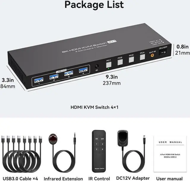 Alt view image 6 of 7 - HDMI 2.1 KVM Switch 4 Computers 1 Monitor, 8K@60Hz 4K@120Hz 4 Port HDMI KVM Switches For 4 PCs Share 4 USB Devices Like Keyboard Mouse Printer etc. With Remote Controller & Other External Accessories