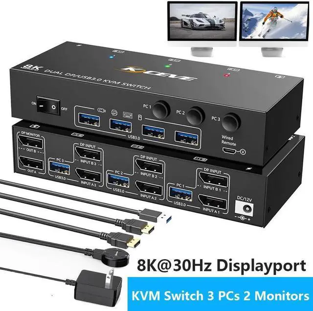 Main image of KVM Switch 3 Computers 2 Monitors, 8K@30Hz Dual Monitors Displayport USB 3.0 KVM Switcher for 3 DP Computers Share 2 DP Monitors, Keyboard and Mouse, Wired Remote and 12V Power Adapter Included