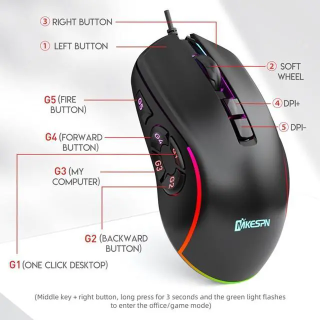 Alt view image 2 of 7 - USB Wired Gaming Mouse with 14 Colors RGB Backlit, 6400 DPI Adjustable, Gaming Mice with 10 Programmable Macro Buttons & Fire Button, PC Gaming Mouse for Windows/Mac, Black
