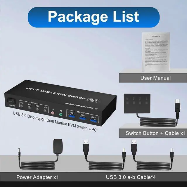Alt view image 2 of 7 - USB 3.0 Displayport KVM Switch 2 Monitors 4 Computers 4K 60Hz, Dual Monitor Displayport KVM Switch 4 Port with Audio Microphone Output and 3 USB 3.0 Ports, Display Port KVM Switch 4 in 2 Out