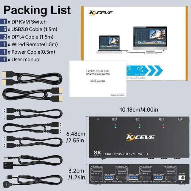 Alt view image 7 of 7 - Displayport KVM Switch 2 Monitors 3 Computers 8K@60Hz 4K@144Hz, Dual Monitor KVM Switch Displayport 3 in 2 Out with 4 USB 3.0 Ports for USB Devices,Wired Remote and 12V Power Adapter Included