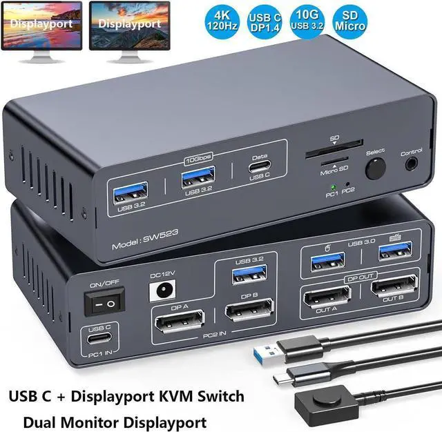 Main image of KVM Switch Docking Station 4K@120Hz USB C Displayport KVM Switch 2 Monitors 2 Computers Displayport Dual Monitor KVM-Switches for Laptop and Desktop Share 13-in-1 Dock, with Wired Remote