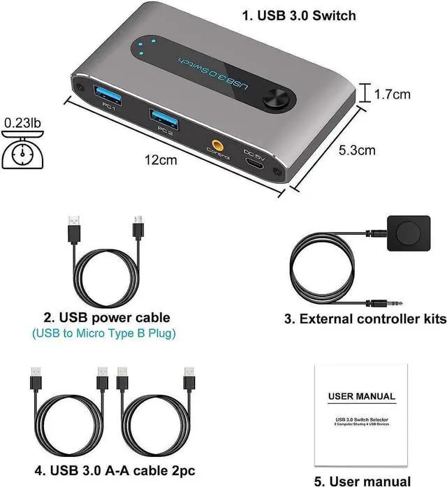 Main image of Aomoproing    USB 3.0 Switch, 2 in 4 out USB 3.0 Switch, USB KVM Switcher 2 Computer Sharing 4 USB Devices with Wire Desktop Controller and 2 Pack USB 3.0 A-A Cable