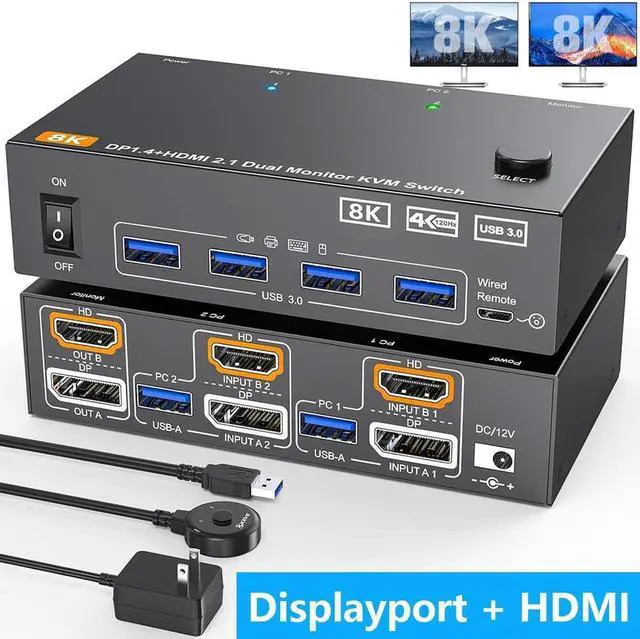 Main image of Dual Monitor Displayport + HDMI KVM Switch 2 in 2 Out, 2 Port 8K@60Hz 4K@144Hz HDMI+DP USB 3.0 KVM Switch Extended Display 2 Monitors 2 Computers with USB 3.0 Cables Wired Controller